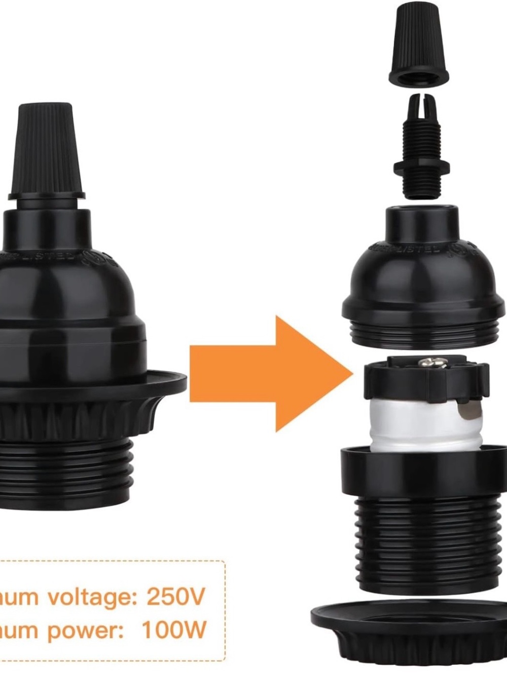 E26 E27 Light Sockets, Black Medium Screw Base with Shade Ring